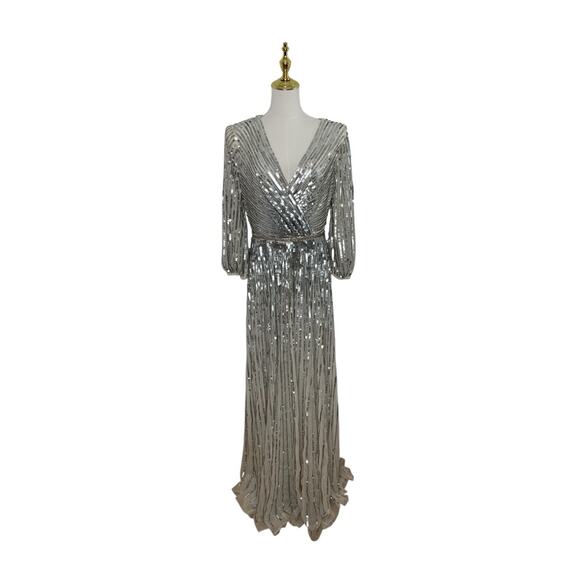 Mac Duggal 5509 Silver/Beige Sequins 3/4 Sleeve Gown Size 8 $598 - Picture 4 of 8